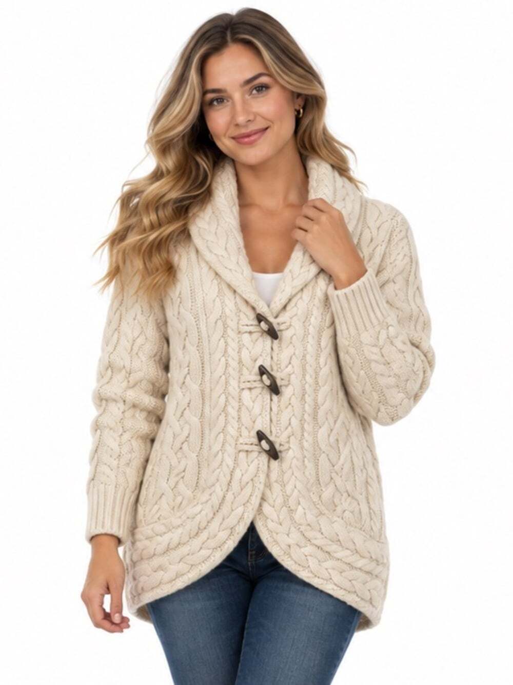 Brooks Brothers Merino Wool Cable Knit Cardigan XS Cream Shawl Collar Toggle